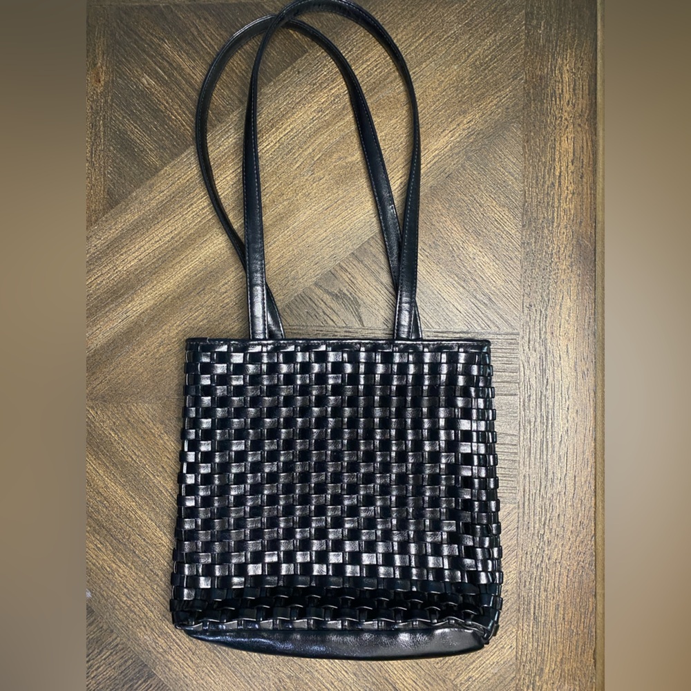 Nine west woven handbag black Faux leather Bag double handle Square purse